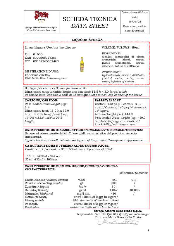 Liqueur Data Sheet Strega Alberti Benevento SpA